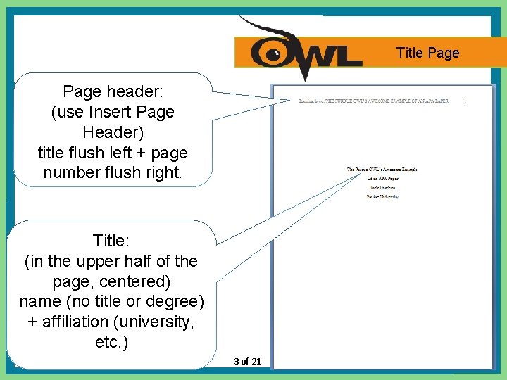 Title Page header: (use Insert Page Header) title flush left + page number flush