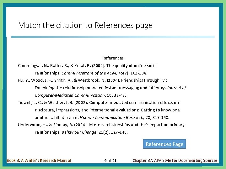Match the citation to References page References Cummings, J. N. , Butler, B. ,