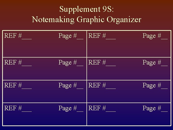 Supplement 9 S: Notemaking Graphic Organizer REF #___ Page #__ REF #___ Page #__