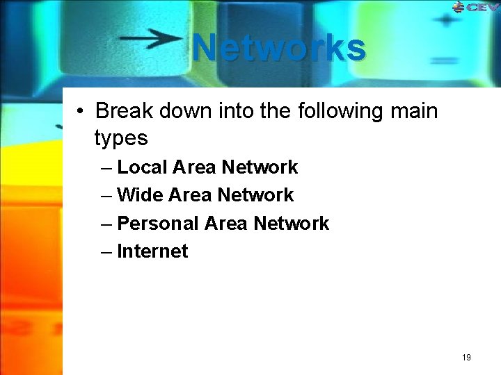 Networks • Break down into the following main types – Local Area Network – Networks • Break down into the following main types – Local Area Network –