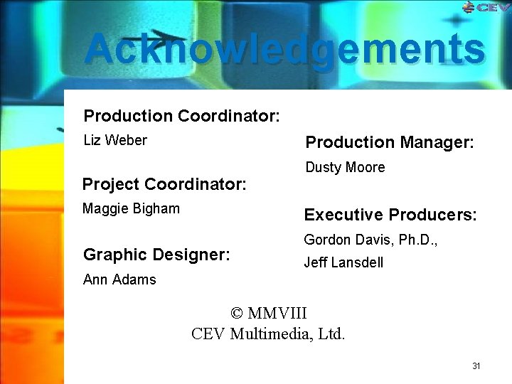 Acknowledgements Production Coordinator: Liz Weber Production Manager: Project Coordinator: Maggie Bigham Dusty Moore Executive Acknowledgements Production Coordinator: Liz Weber Production Manager: Project Coordinator: Maggie Bigham Dusty Moore Executive