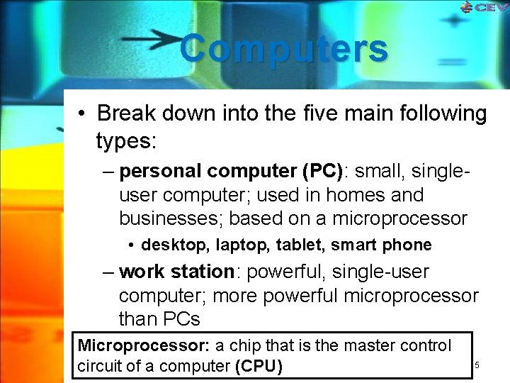 Computers • Break down into the five main following types: – personal computer (PC): Computers • Break down into the five main following types: – personal computer (PC):