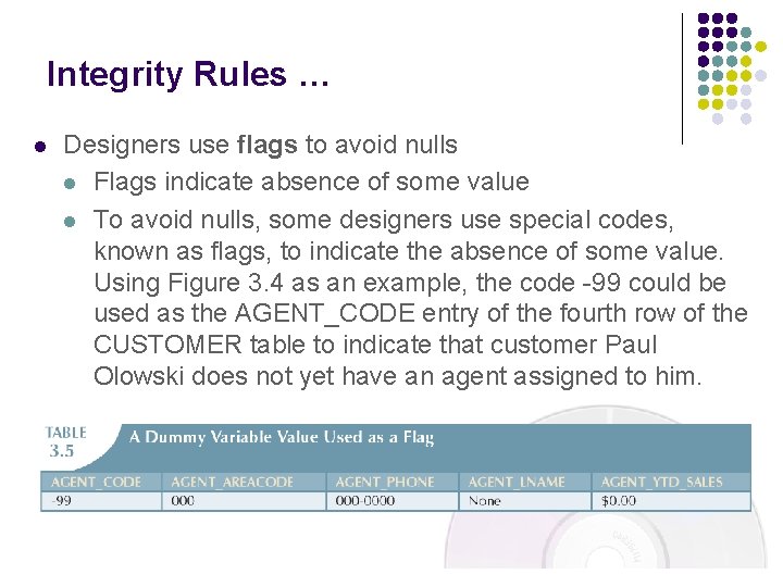 Integrity Rules … l Designers use flags to avoid nulls l Flags indicate absence