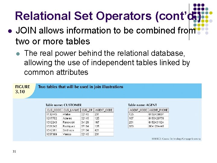 Relational Set Operators (cont’d. ) l JOIN allows information to be combined from two