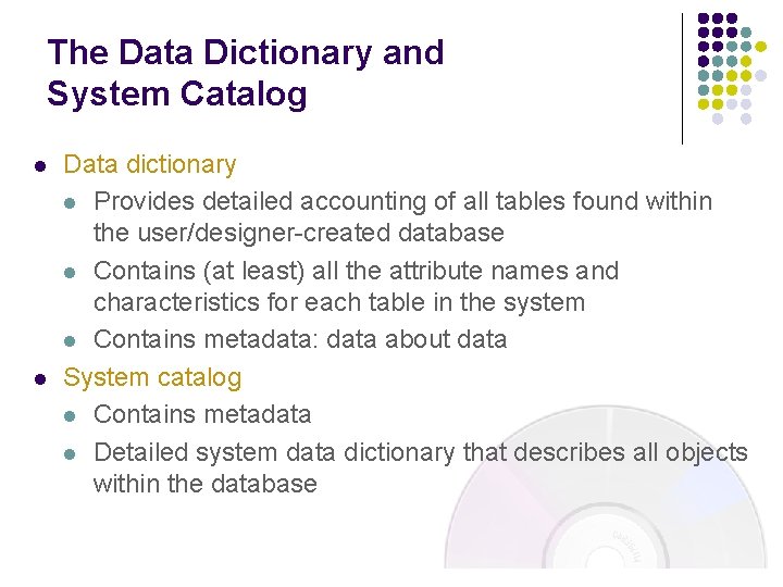The Data Dictionary and System Catalog l l Data dictionary l Provides detailed accounting