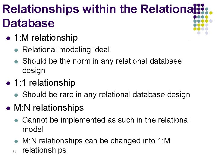 Relationships within the Relational Database l 1: M relationship l l l 1: 1