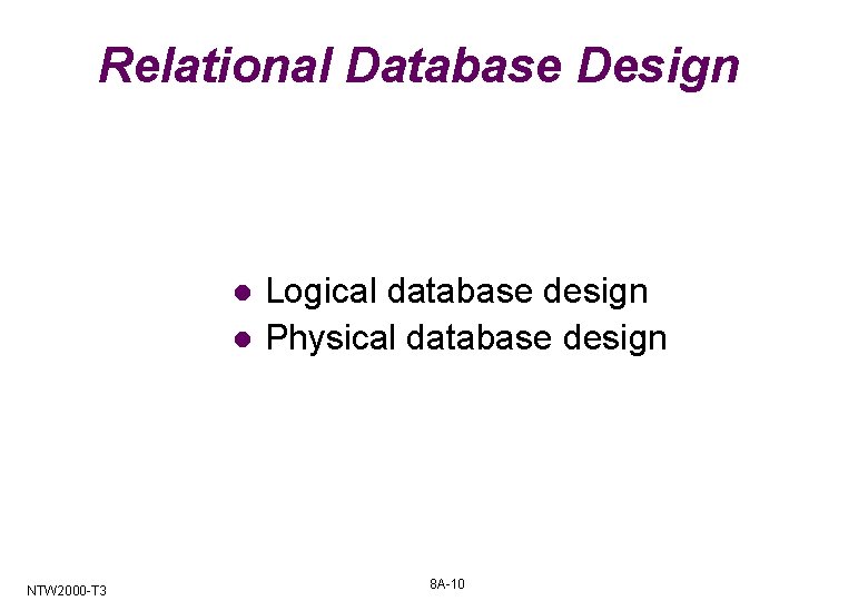 Relational Database Design l l NTW 2000 -T 3 Logical database design Physical database