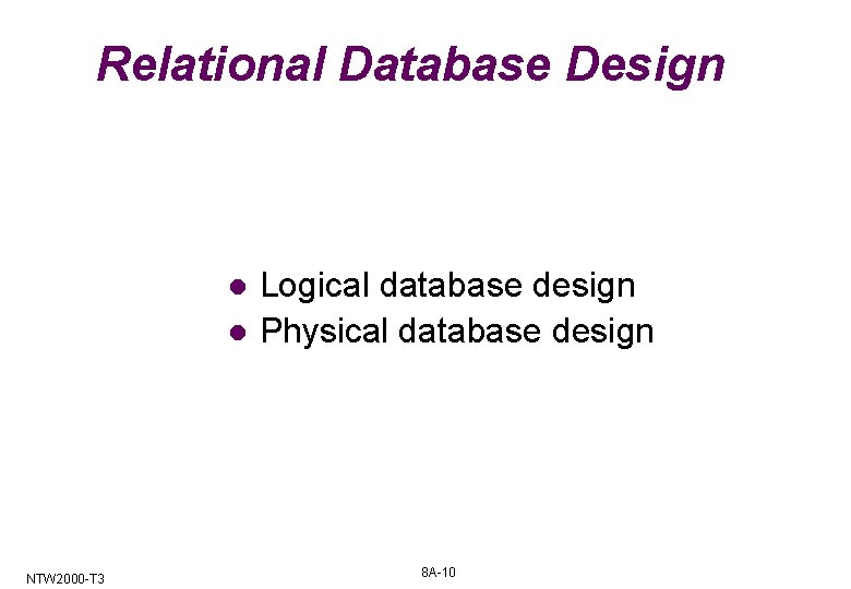 Relational Database Design l l NTW 2000 -T 3 Logical database design Physical database Relational Database Design l l NTW 2000 -T 3 Logical database design Physical database