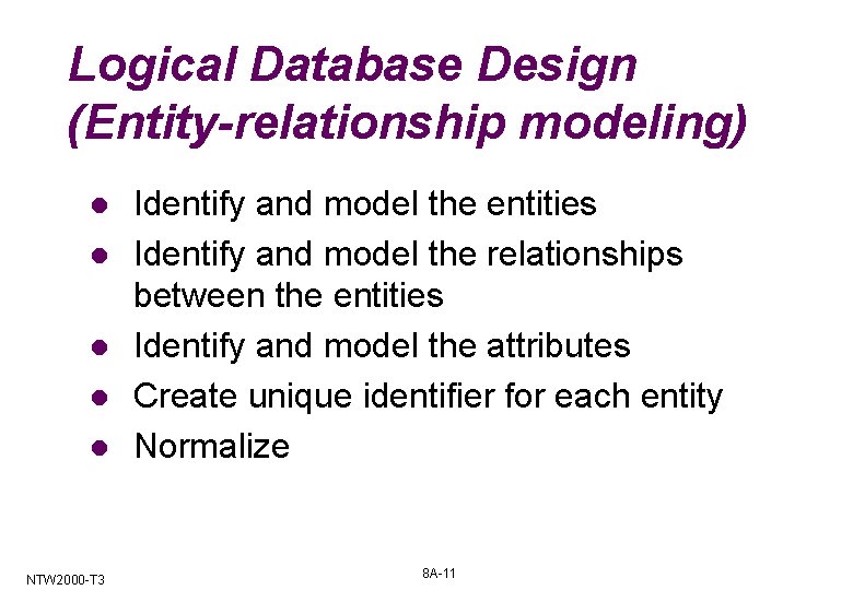 Logical Database Design (Entity-relationship modeling) l l l NTW 2000 -T 3 Identify and