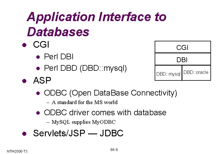 Application Interface to Databases l CGI l l l CGI Perl DBD (DBD: :