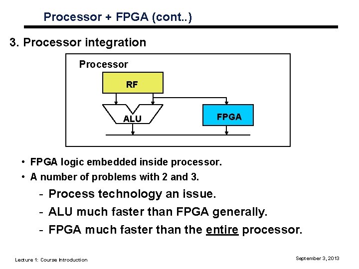 Processor + FPGA (cont. . ) 3. Processor integration Processor RF ALU FPGA •