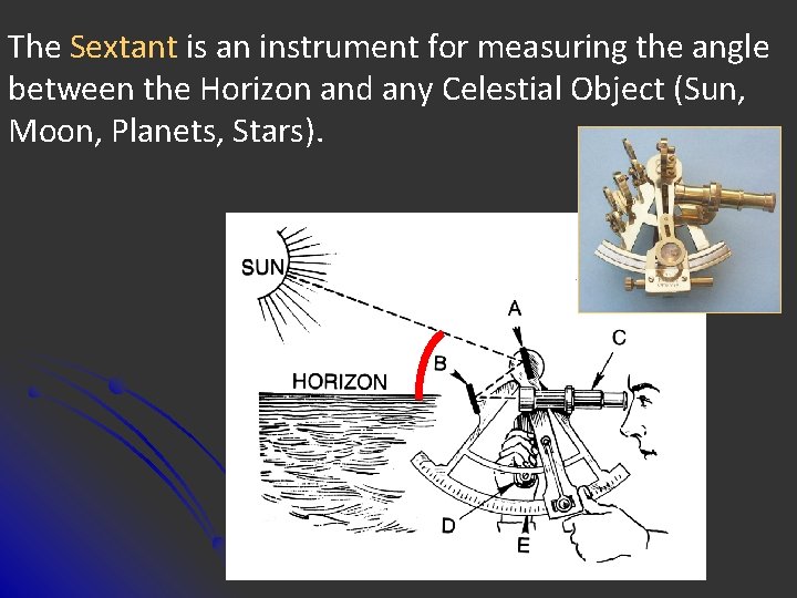 The Sextant is an instrument for measuring the angle between the Horizon and any