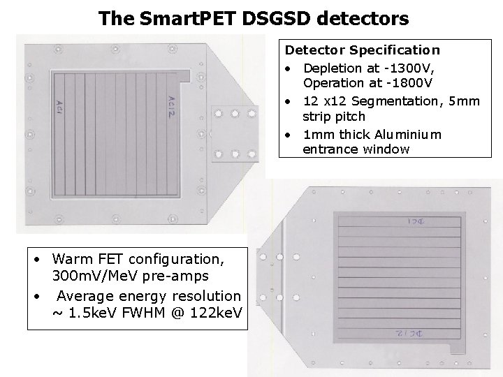 The Smart. PET DSGSD detectors Detector Specification • Depletion at -1300 V, Operation at