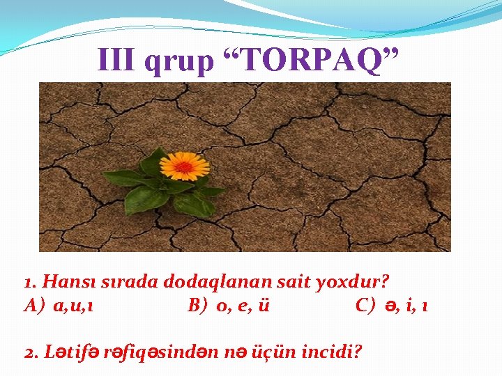 III qrup “TORPAQ” 1. Hansı sırada dodaqlanan sait yoxdur? A) a, u, ı B)