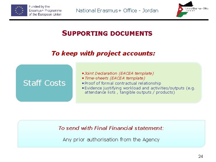 National Erasmus+ Office - Jordan SUPPORTING DOCUMENTS To keep with project accounts: Staff Costs