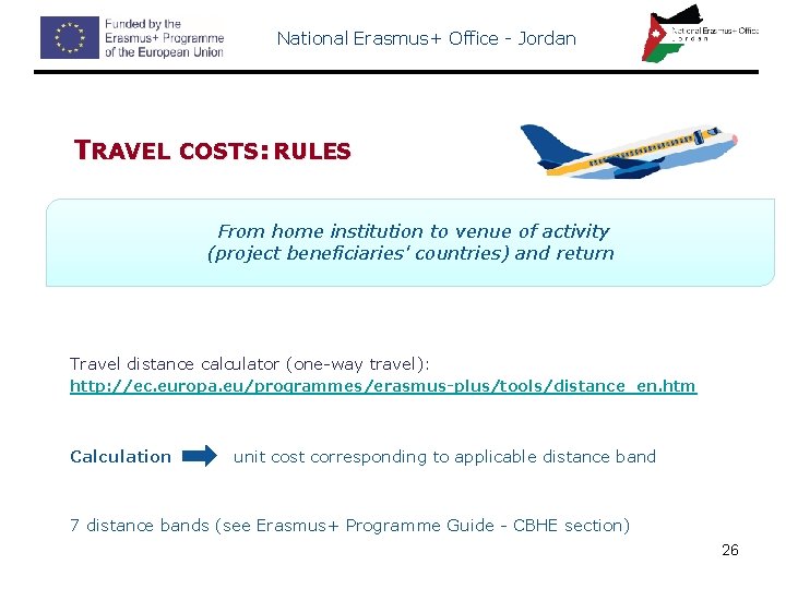 National Erasmus+ Office - Jordan TRAVEL COSTS: RULES From home institution to venue of