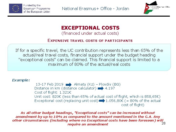 National Erasmus+ Office - Jordan EXCEPTIONAL COSTS (financed under actual costs) EXPENSIVE TRAVEL COSTS