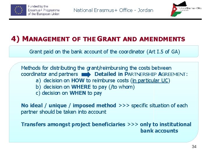 National Erasmus+ Office - Jordan 4) MANAGEMENT OF THE GRANT AND AMENDMENTS Grant paid