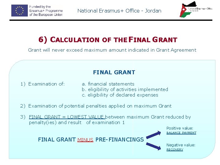National Erasmus+ Office - Jordan 6) CALCULATION OF THE FINAL GRANT Grant will never
