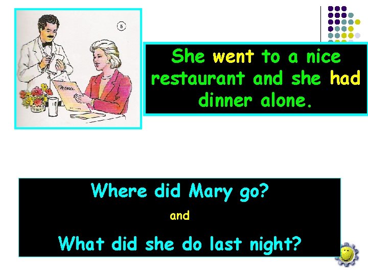 She went to a nice restaurant and she had dinner alone. Where did Mary