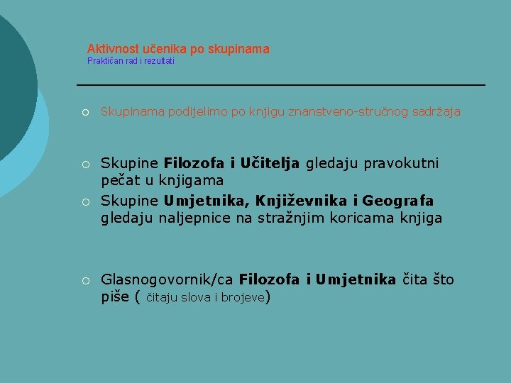 Aktivnost učenika po skupinama Praktičan rad i rezultati ¡ ¡ Skupinama podijelimo po knjigu