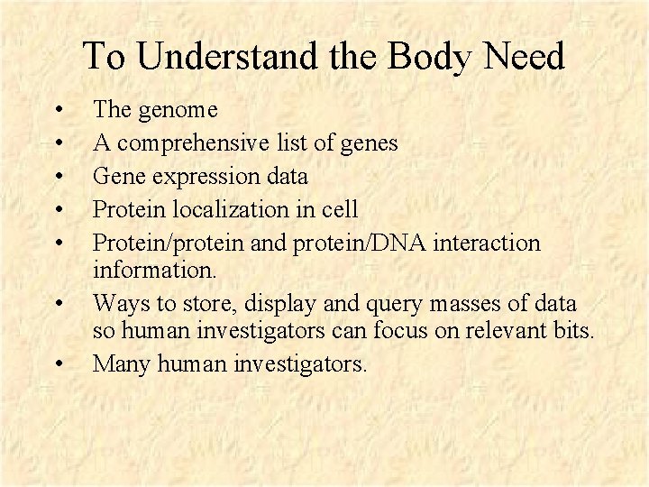 To Understand the Body Need • • The genome A comprehensive list of genes