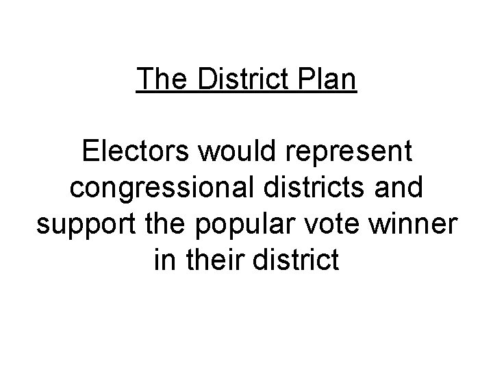 The District Plan Electors would represent congressional districts and support the popular vote winner