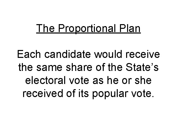 The Proportional Plan Each candidate would receive the same share of the State’s electoral