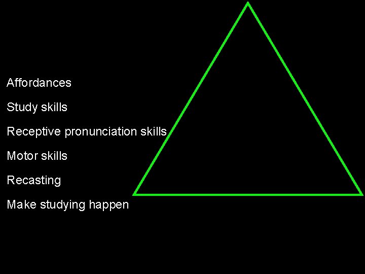 Affordances Study skills Receptive pronunciation skills Motor skills Recasting Make studying happen 