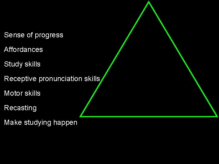 Sense of progress Affordances Study skills Receptive pronunciation skills Motor skills Recasting Make studying