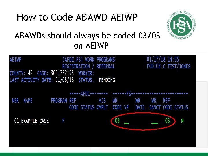 How to Code ABAWD AEIWP ABAWDs should always be coded 03/03 on AEIWP 