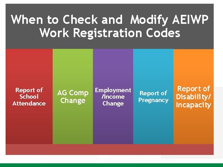 When to Check and Modify AEIWP Work Registration Codes Report of School Attendance AG