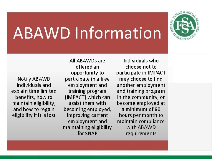 ABAWD Information Notify ABAWD individuals and explain time limited benefits, how to maintain eligibility,