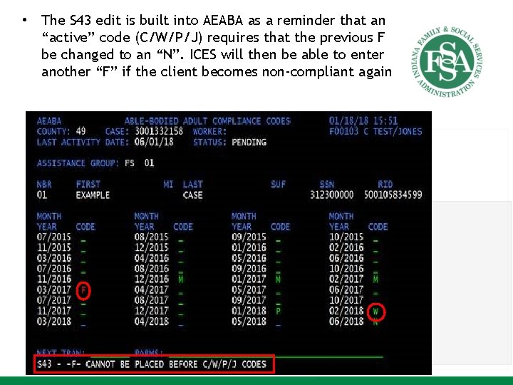  • The S 43 edit is built into AEABA as a reminder that
