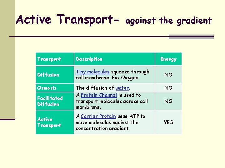 Active Transport- against the gradient Transport Description Diffusion Tiny molecules squeeze through cell membrane.