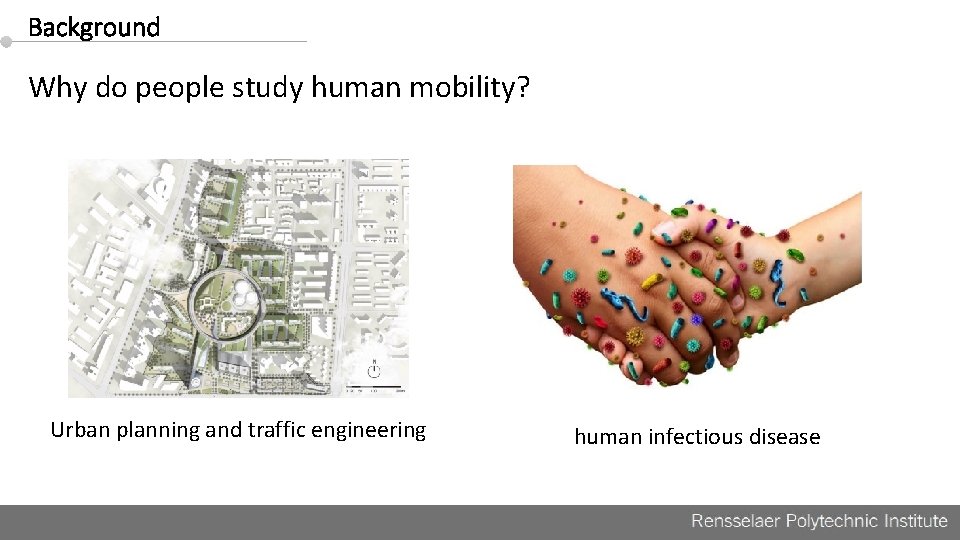 Background Why do people study human mobility? Urban planning and traffic engineering human infectious