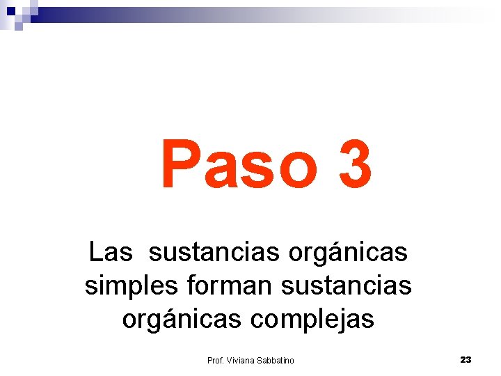 Paso 3 Las sustancias orgánicas simples forman sustancias orgánicas complejas Prof. Viviana Sabbatino 23