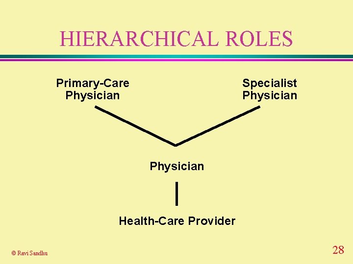 HIERARCHICAL ROLES Primary-Care Physician Specialist Physician Health-Care Provider © Ravi Sandhu 28 