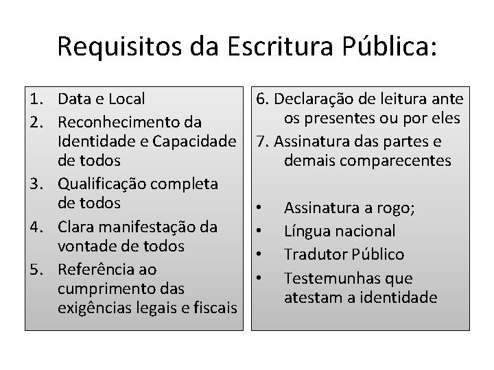 Requisitos da Escritura Pública: 1. Data e Local 2. Reconhecimento da Identidade e Capacidade