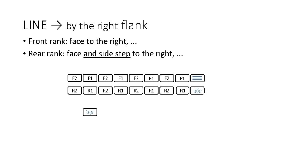 LINE → by the right flank • Front rank: face to the right, .