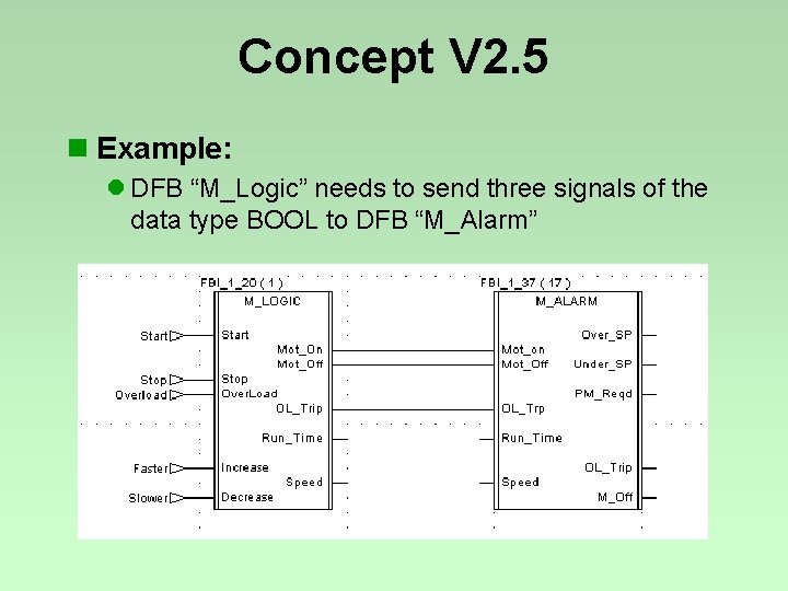 Concept V 2. 5 n Example: l DFB “M_Logic” needs to send three signals Concept V 2. 5 n Example: l DFB “M_Logic” needs to send three signals