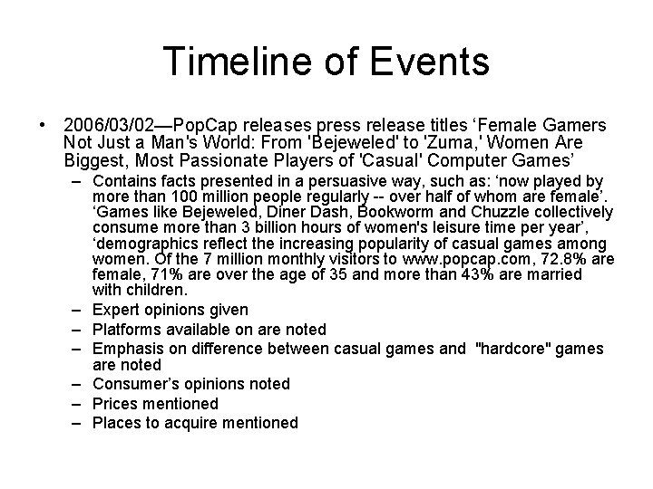 Timeline of Events • 2006/03/02—Pop. Cap releases press release titles ‘Female Gamers Not Just