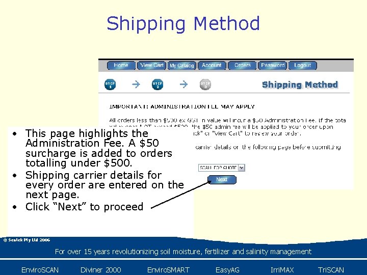 Shipping Method • This page highlights the Administration Fee. A $50 surcharge is added