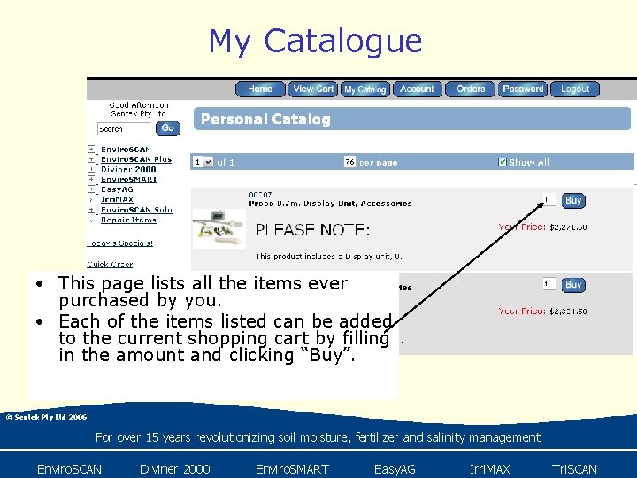 My Catalogue • This page lists all the items ever purchased by you. •