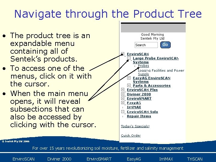 Navigate through the Product Tree • The product tree is an expandable menu containing