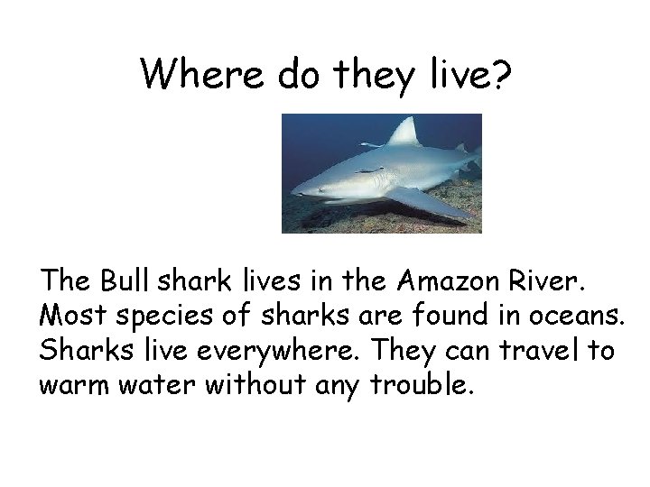 Where do they live? The Bull shark lives in the Amazon River. Most species