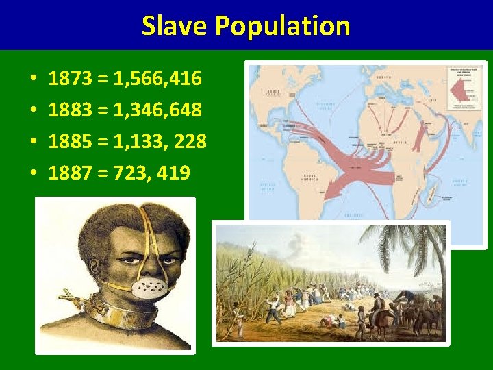Slave Population • • 1873 = 1, 566, 416 1883 = 1, 346, 648