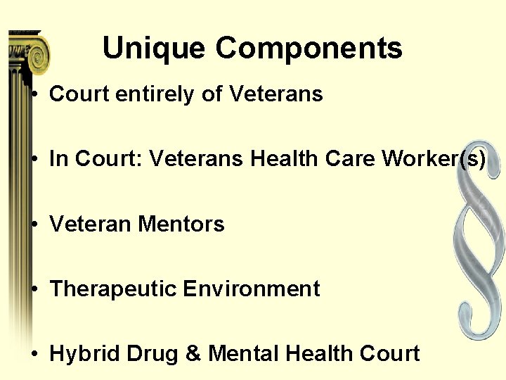 Unique Components • Court entirely of Veterans • In Court: Veterans Health Care Worker(s)