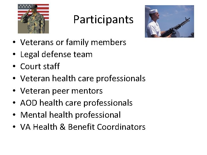 Participants • • Veterans or family members Legal defense team Court staff Veteran health