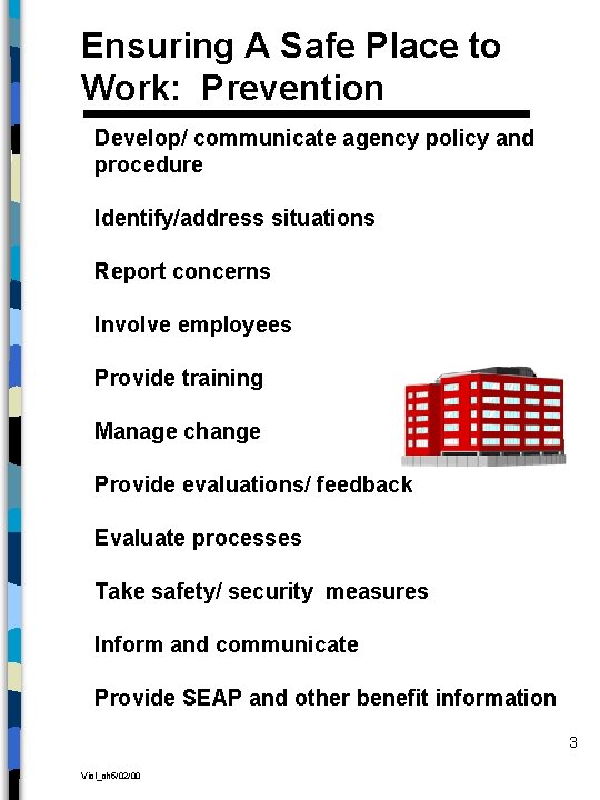 Ensuring A Safe Place to Work: Prevention Develop/ communicate agency policy and procedure Identify/address